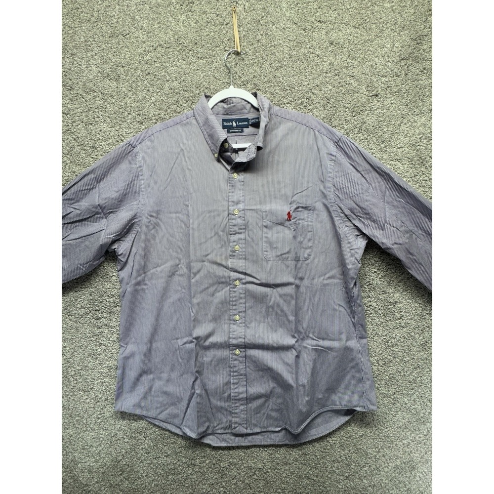 VTG‎ Polo Ralph Lauren Men's 17.5 XL Purple Striped Custom Fit Dress Shirt Pony